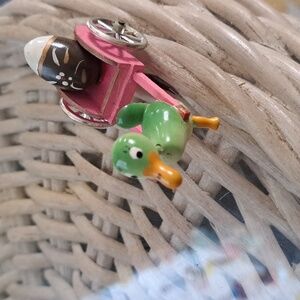 Vintage 1950’s Wood Goula Spain Duck Pulling Egg In Pink Cart Ornament Figure